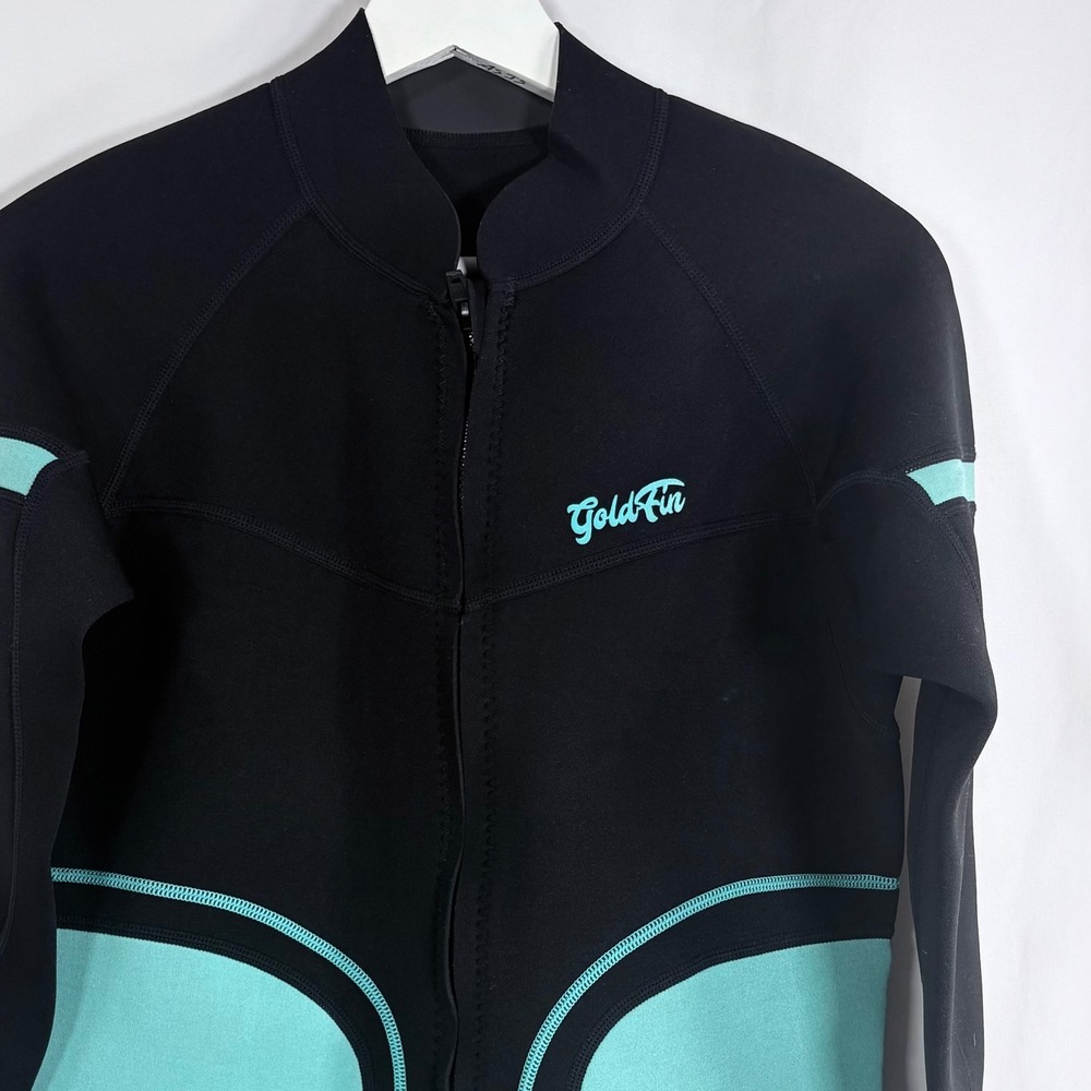 GoldFin Wetsuit Jacket Black Teal 2mm Neoprene Front‎ Zip Long Sleeve Top